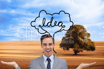 Composite image of smiling businessman presenting something with