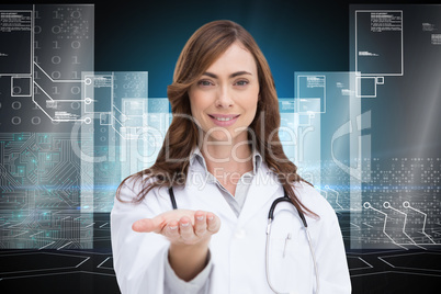 Composite image of portrait of female nurse holding out open pal