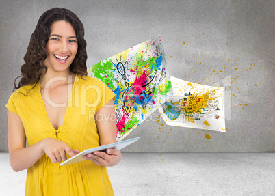 Composite image of smiling casual young woman scrolling on her t