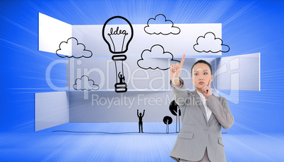 Composite image of thoughtful asian businesswoman pointing