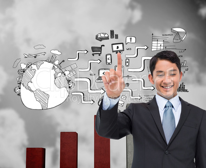 Composite image of smiling asian businessman pointing