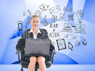 Composite image of businesswoman sitting on swivel chair with la