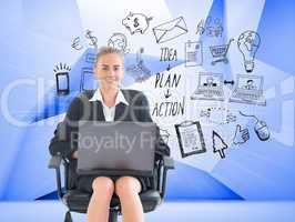 Composite image of businesswoman sitting on swivel chair with la
