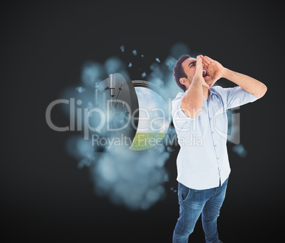 Composite image of shouting casual man standing