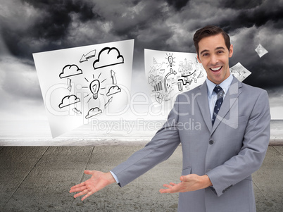 Composite image of happy businessman giving a presentation with