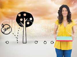 Composite image of smiling curly haired brunette holding noteboo