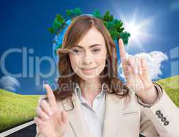 Composite image of classy businesswoman touching invisible scree