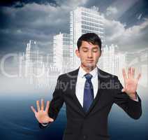 Composite image of unsmiling businessman touching