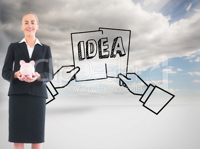 Composite image of businesswoman holding pink piggy bank