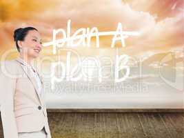 Composite image of smiling asian businesswoman walking