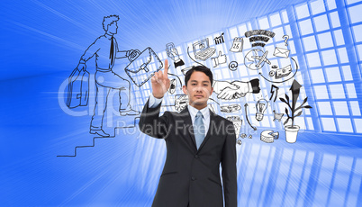 Composite image of serious asian businessman pointing