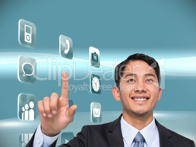 Composite image of smiling asian businessman pointing