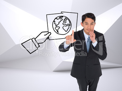 Composite image of thoughtful asian businessman pointing