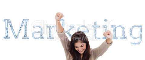 Composite image of brunette cheering while using laptop