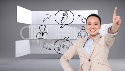 Composite image of smiling asian businesswoman pointing