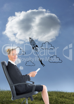 Composite image of businesswoman sitting in swivel chair holding