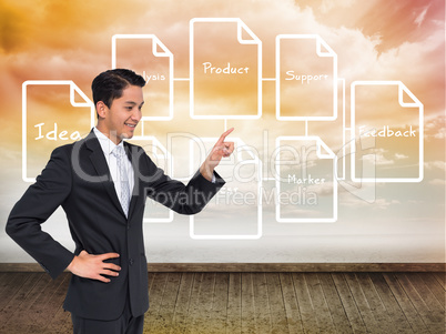 Composite image of smiling asian businessman pointing