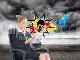 Composite image of businesswoman sitting on swivel chair with ta