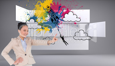 Composite image of smiling asian businesswoman pointing