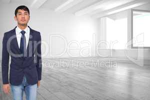Composite image of unsmiling casual businessman walking