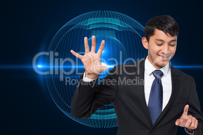 Composite image of smiling businessman holding and pointing