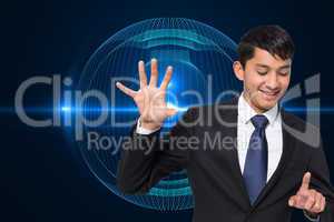 Composite image of smiling businessman holding and pointing