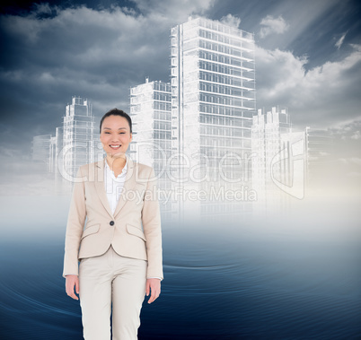 Composite image of smiling asian businesswoman walking