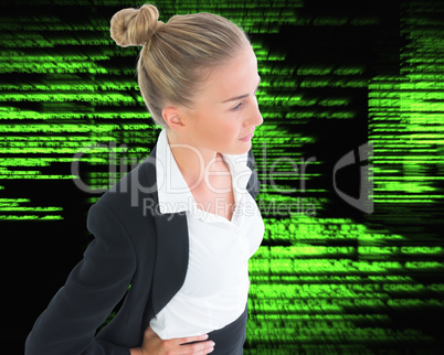 Composite image of businesswoman standing with hands on hips Composite image of businesswoman standing with hands on hips