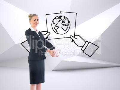 Composite image of businesswoman holding pink piggy bank