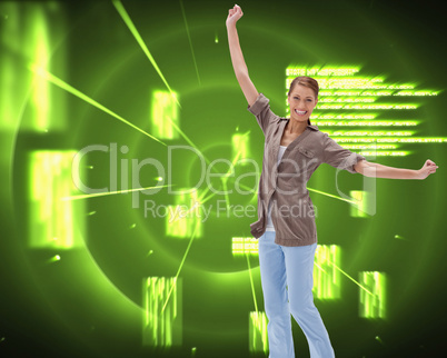 Composite image of happy woman jumping