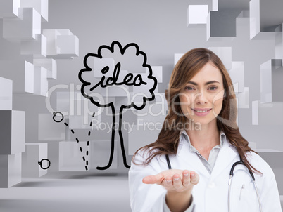 Composite image of smiling doctor presenting her hand