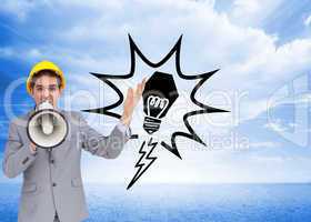 Composite image of architect with hard hat shouting with a megap