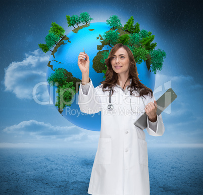 Composite image of smiling doctor pointing