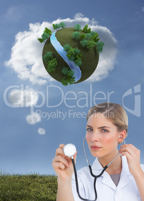 Composite image of serious nurse listening with stethoscope