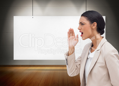 Composite image of confident businesswoman calling for someone