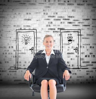 Composite image of businesswoman sitting on swivel chair in blac