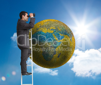 Composite image of businessman standing on ladder