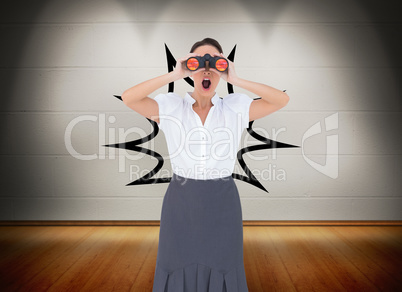 Composite image of shocked elegant businesswoman looking through