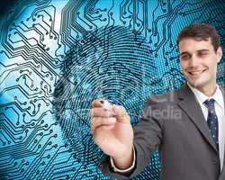 Composite image of young businessman writing something