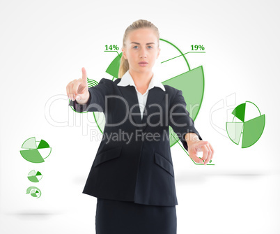 Composite image of businesswoman pointing somewhere