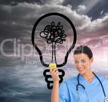 Composite image of happy surgeon holding an apple and smiling at