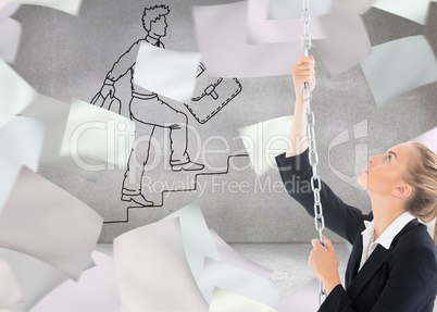 Composite image of businesswoman pulling a chain