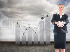Composite image of happy businesswoman holding a piggy bank