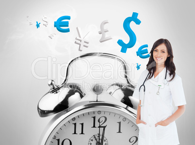 Composite image of confident and smiling woman doctor standing i