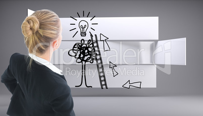 Composite image of businesswoman standing with hands on hips