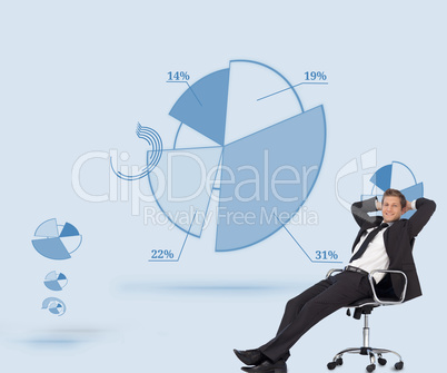 Composite image of manager relaxing in office with team in backg