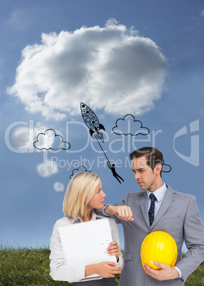 Composite image of architects with plans and hard hat looking at