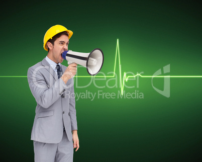 Composite image of young architect yelling with a megaphone
