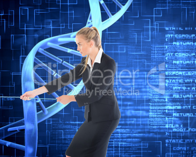 Composite image of businesswoman pulling a rope