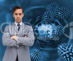 Composite image of young businessman looking at camera